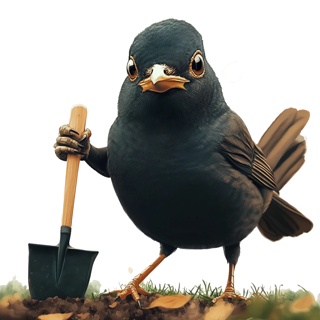 An illustrated blackbird gardener resting a wing on a spade.