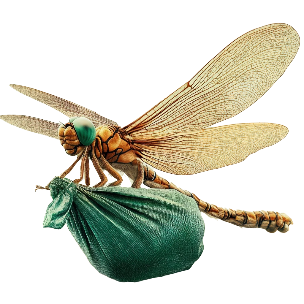 An illustrated dragonfly carrying a small green sack.