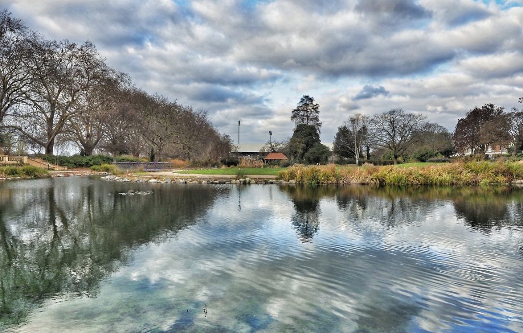 Pond and view of Fulham Football Club in Bishops Park