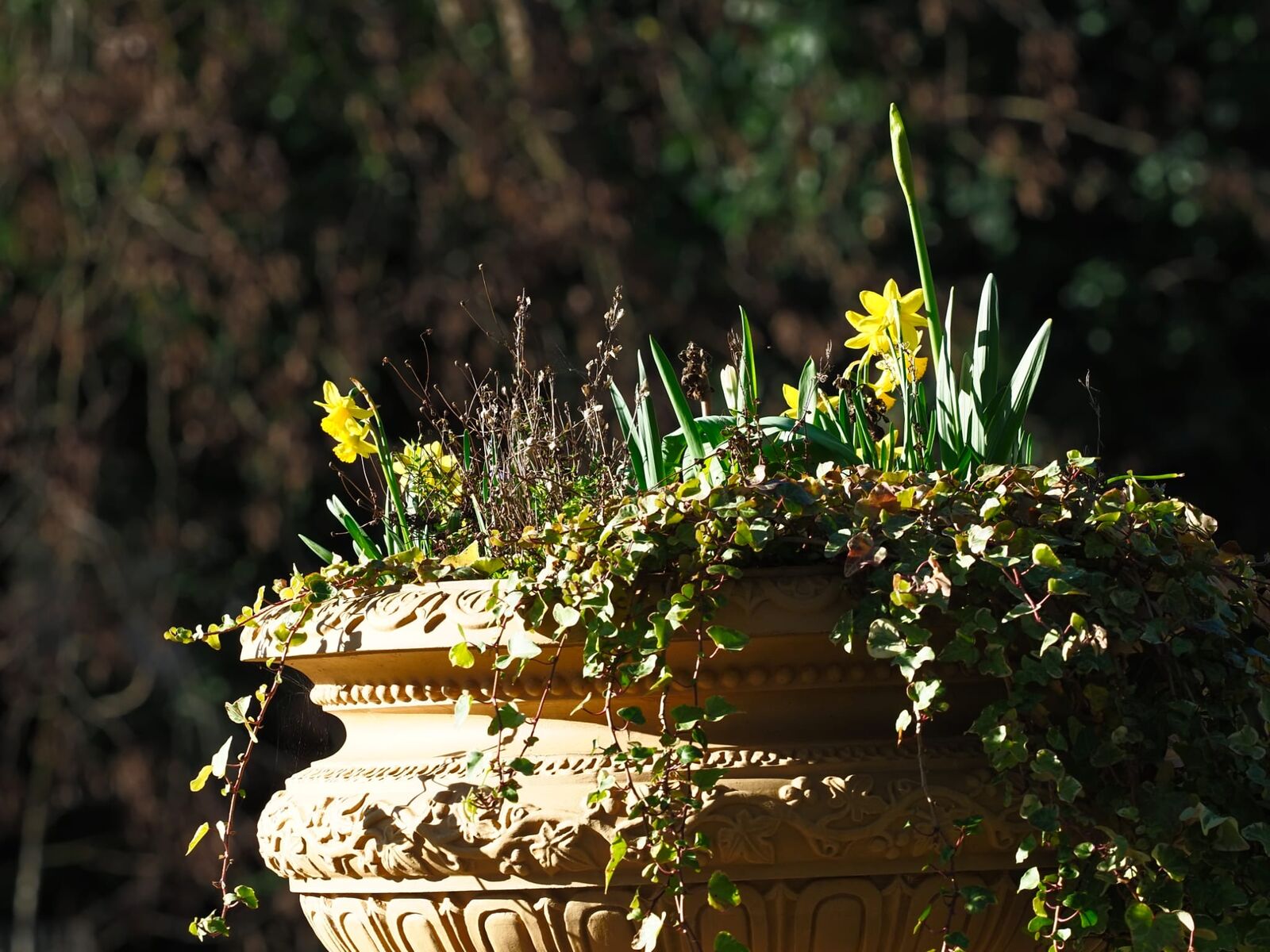 A stone urn of flowers beside the lake