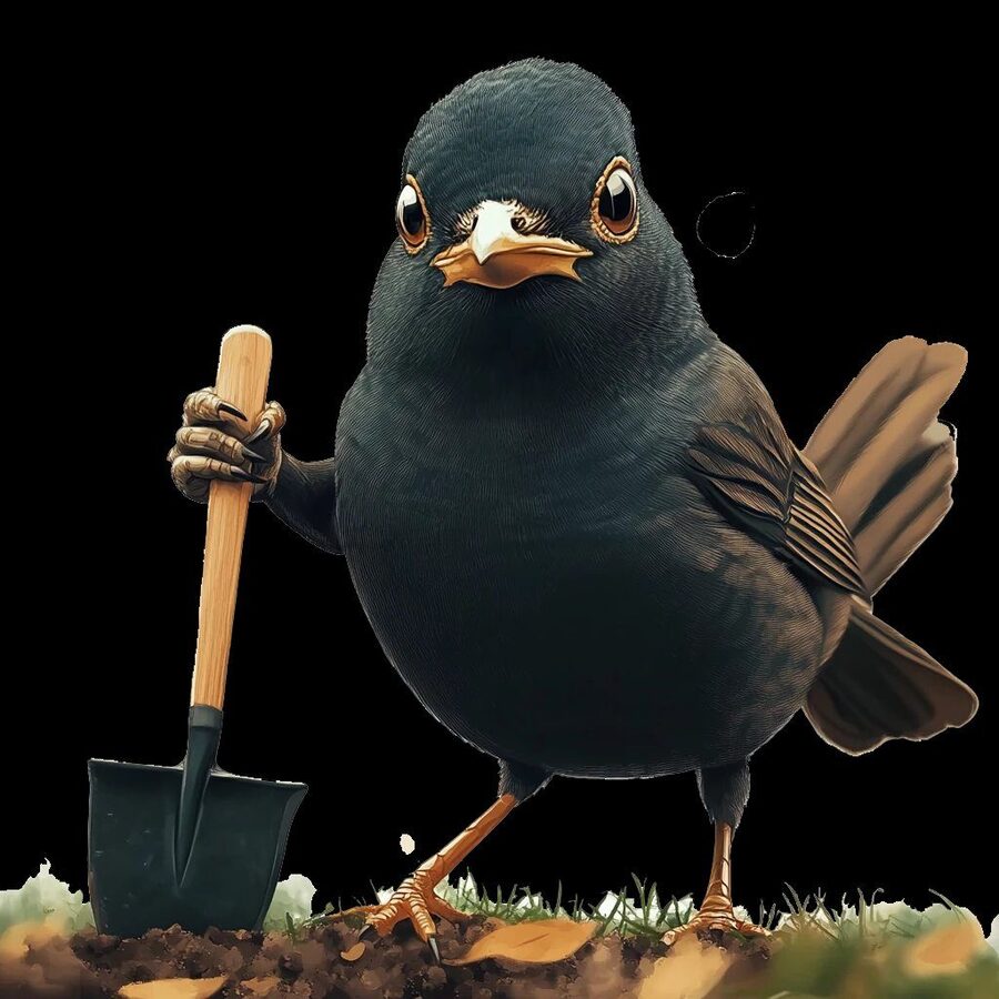 An illustrated blackbird gardener resting a wing on a trowel.